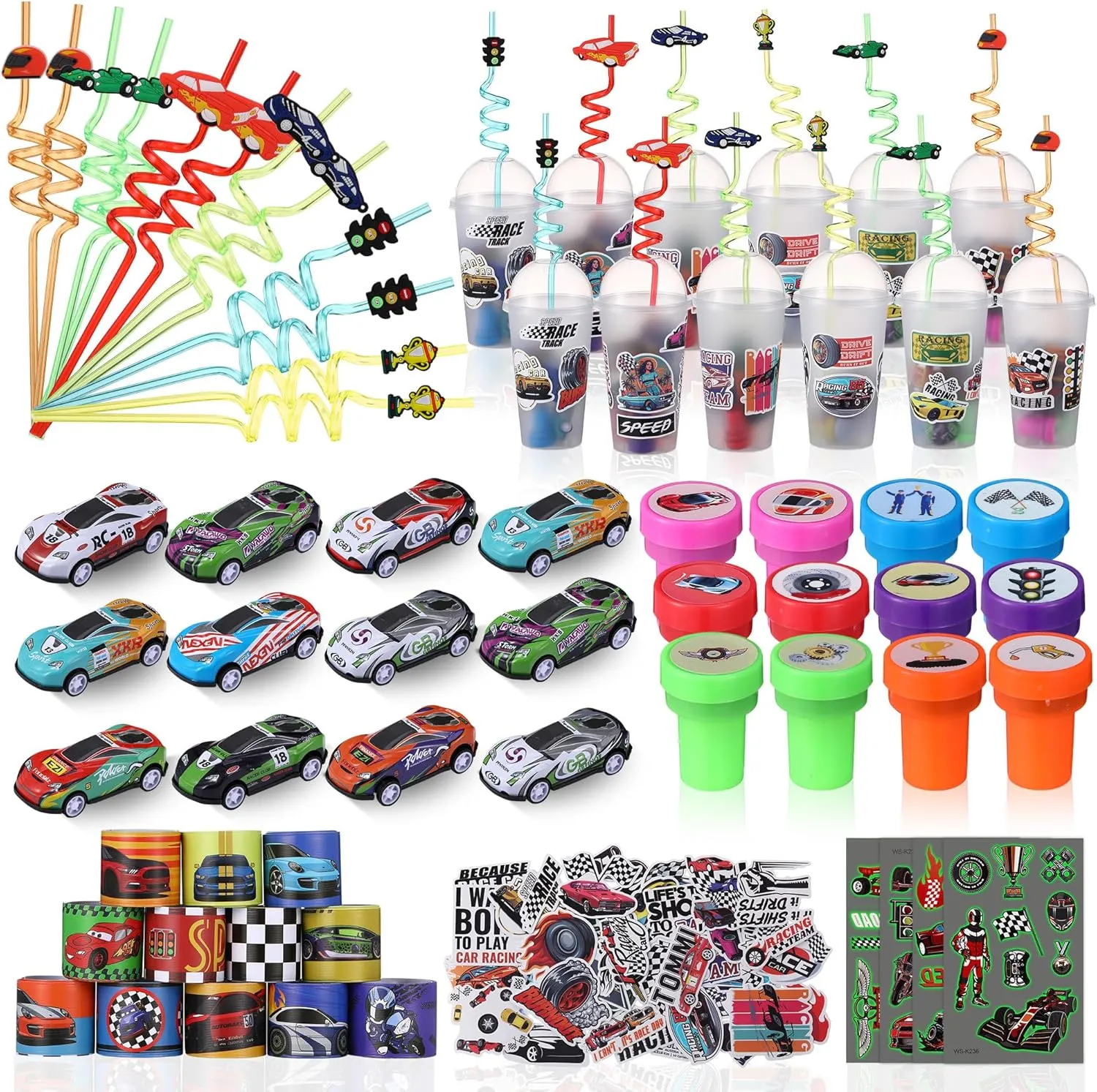 Goodie Bags Fillers with Cup Straw Mini Race Cars dupe forefather peal guard drought Slap Bracelets DIY Stickers Car Stamps for Racecar Birthday Supplies 114 Pcs Race Car Party Favors Bulk, Checkered Flag Racing Party 