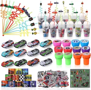 Goodie Bags Fillers with Cup Straw Mini Race Cars dupe forefather peal guard drought Slap Bracelets DIY Stickers Car Stamps for Racecar Birthday Supplies 114 Pcs Race Car Party Favors Bulk, Checkered Flag Racing Party 