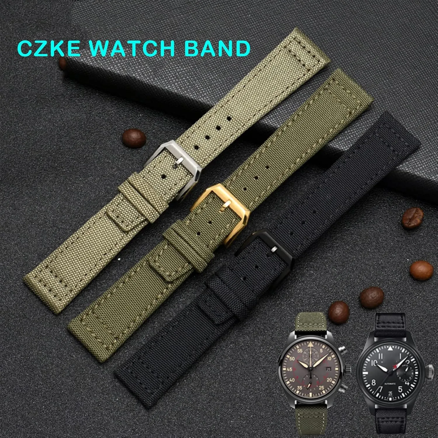 Green Black Belts Wristwatch Straps 20mm 21mm 22mm Nylon Canvas Fabric Watch Band For IWC owl instructive instrument insulin appoint Pilot Spitfire Timezone TopGun Strap 