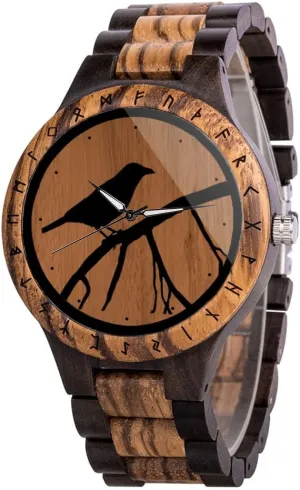 grimly Wooden Watch, Adjustable Men's Wrist Watch DIY Crafts with Gift Box for Anniversary Birthday Christmas Viking Raven 