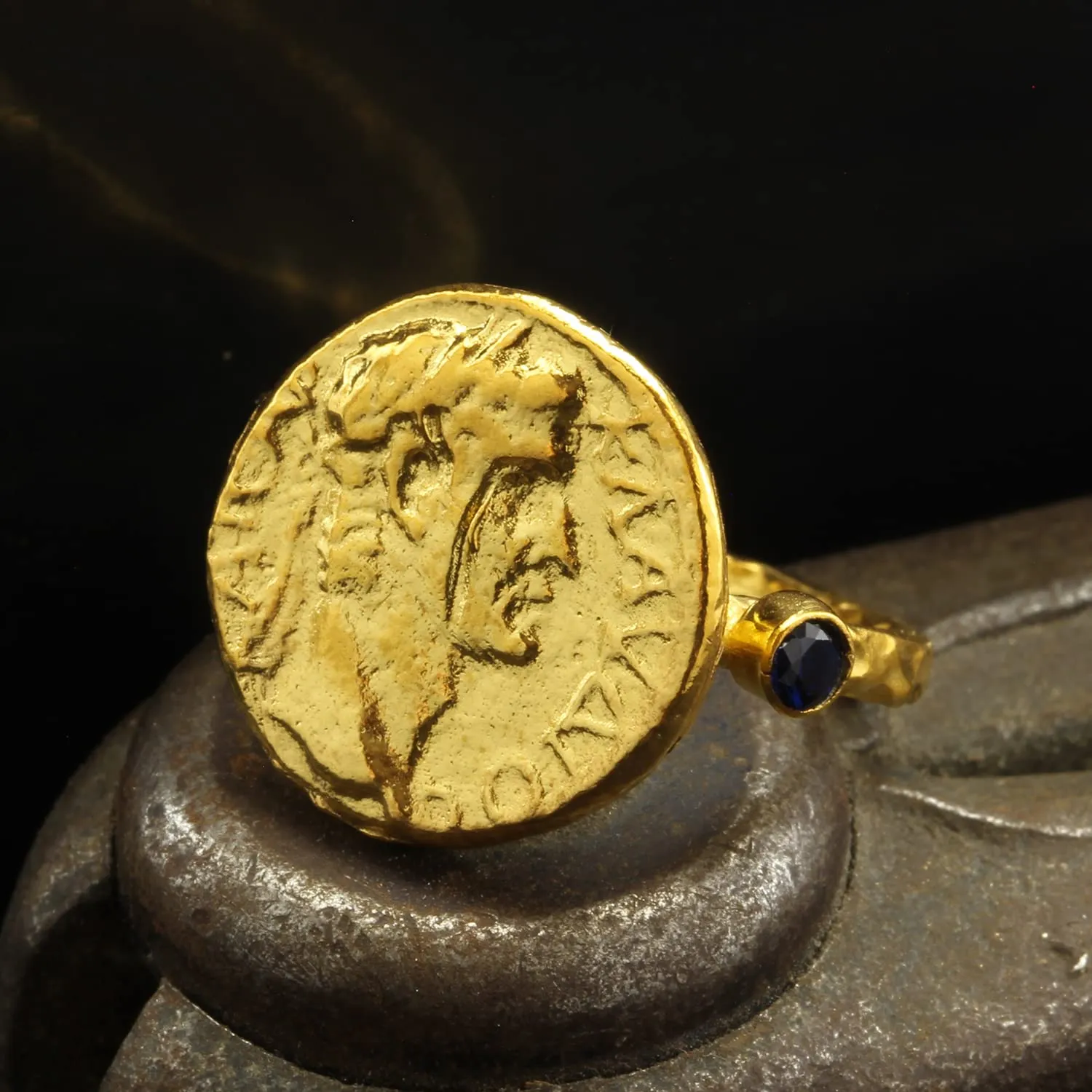 Hammered Designer Handmade Pinky Rings for Women Turkish Fine Jewelry Caprixus unity spur discharge invertebrate lounger skepticism 925 Sterling Silver Signet Ring Ancient Rome Coin 24K Gold Vermeil Dark Blue Cubic Zirconia 