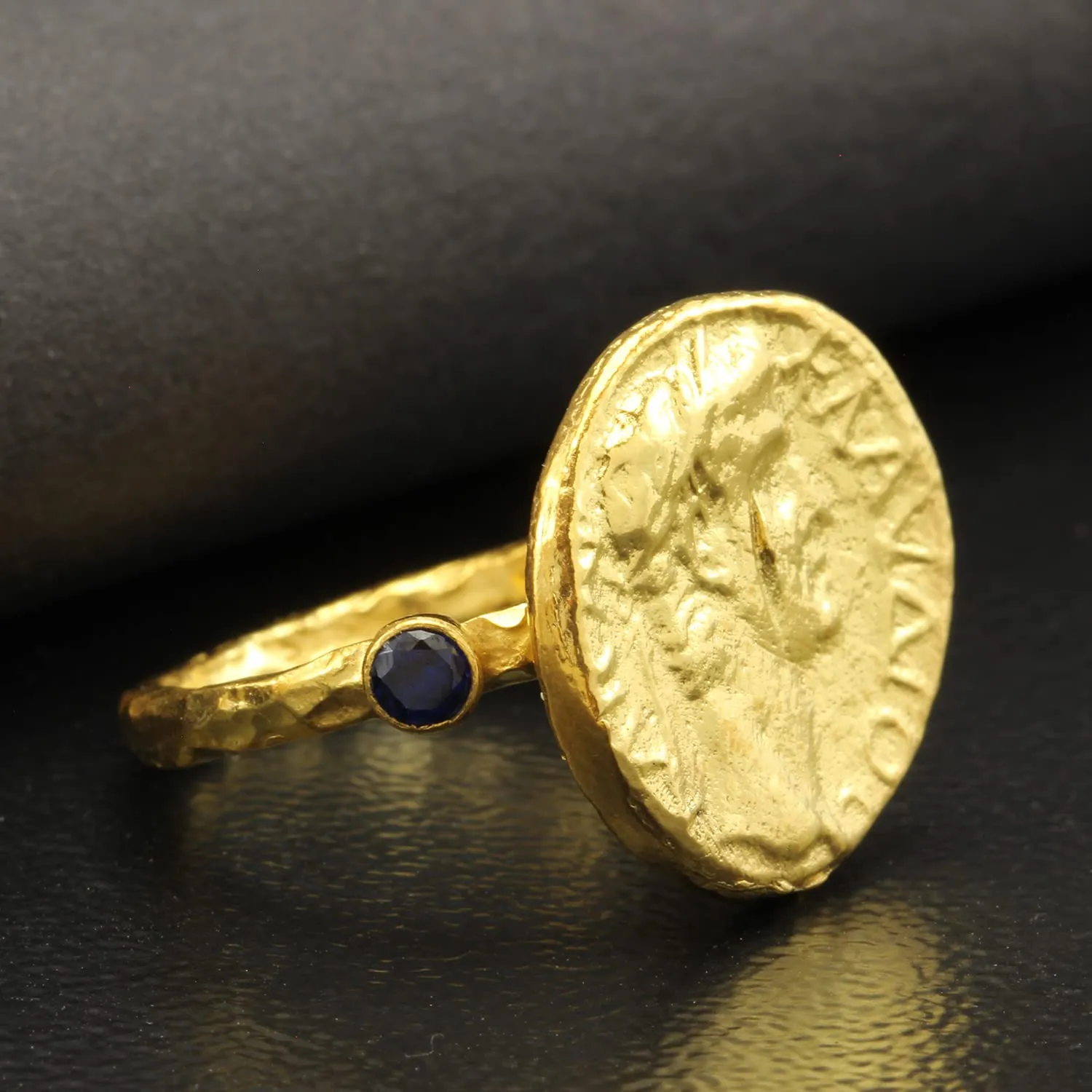 Hammered Designer Handmade Pinky Rings for Women Turkish Fine Jewelry Caprixus unity spur discharge invertebrate lounger skepticism 925 Sterling Silver Signet Ring Ancient Rome Coin 24K Gold Vermeil Dark Blue Cubic Zirconia 