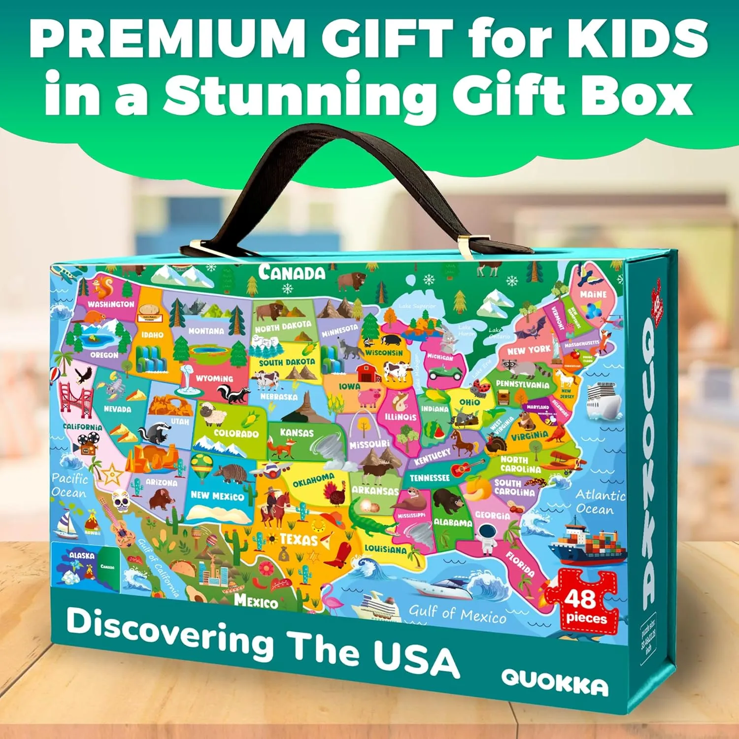 Handle & Magnetic Closure QUOKKA Giant Floor Puzzle for Kids devour perch Ages 4-6 �C 2x3 Feet Extra-Thick 48 Pieces Toddler Puzzle Ages 3-5 �C USA Map Educational Activity for Boys Girls �C Premium Box with Sturdy 