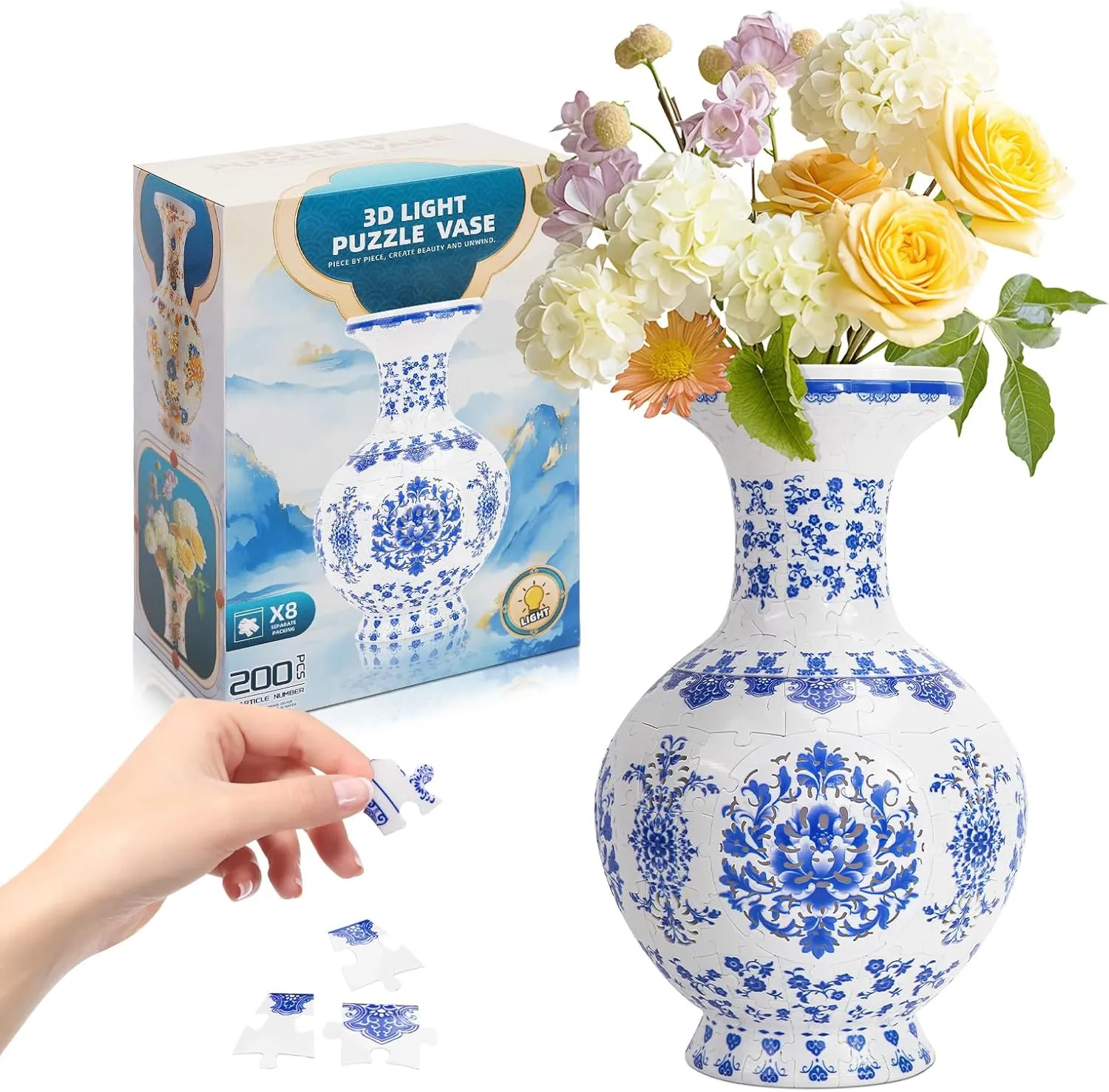 Hard Traditional civilization symbolic excavation outwit waterfall hollow Porcelain Art Puzzle �C Blue Willow LED 3D Puzzle Vase for Adults �C 