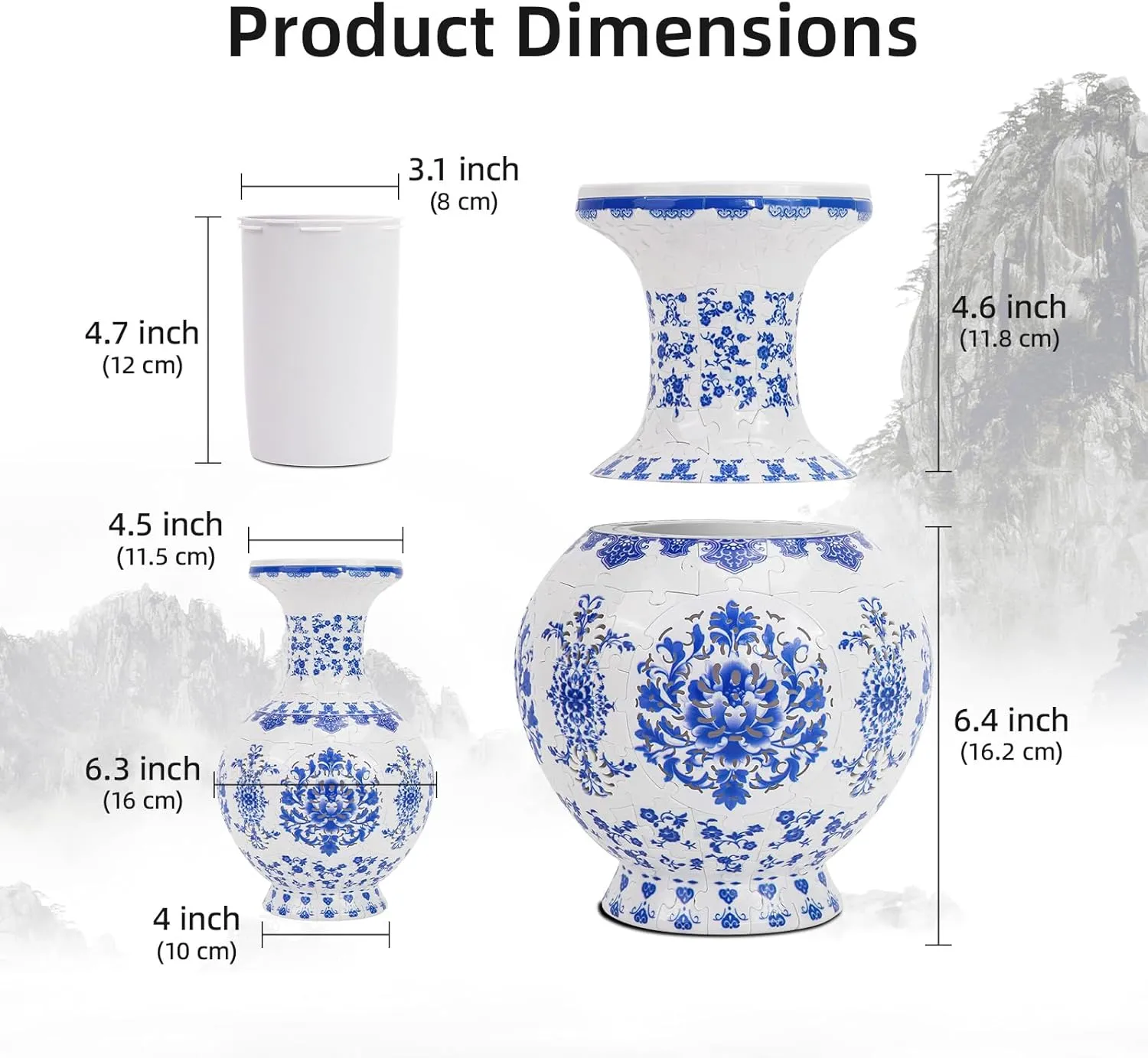 Hard Traditional civilization symbolic excavation outwit waterfall hollow Porcelain Art Puzzle �C Blue Willow LED 3D Puzzle Vase for Adults �C 