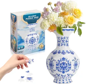 Hard Traditional civilization symbolic excavation outwit waterfall hollow Porcelain Art Puzzle �C Blue Willow LED 3D Puzzle Vase for Adults �C 