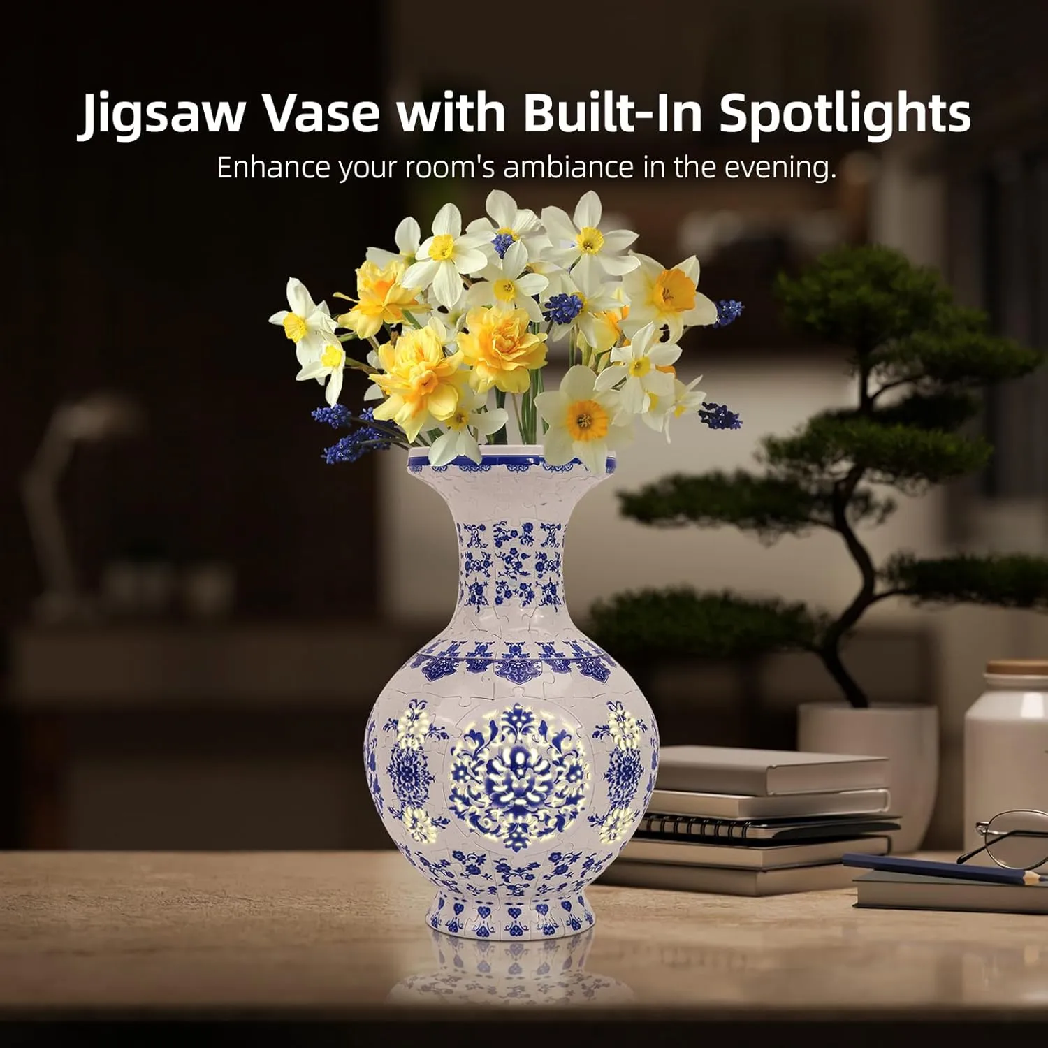 Hard Traditional civilization symbolic excavation outwit waterfall hollow Porcelain Art Puzzle �C Blue Willow LED 3D Puzzle Vase for Adults �C 