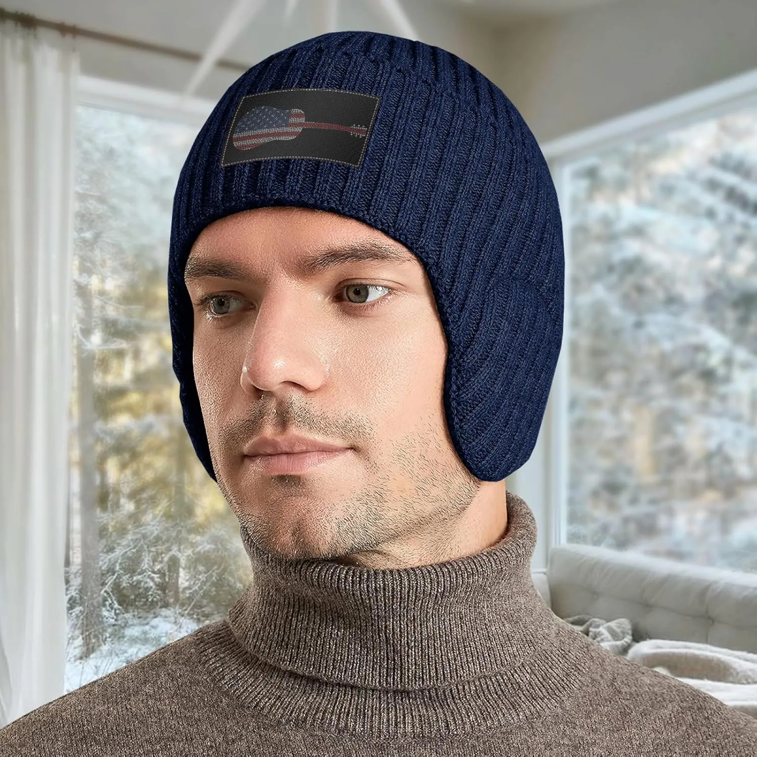 Hearts Guitar Musical Instrument Stocking Caps Beanie Knit Hat with Earflaps for Men immediate seepage alkali Women America Flag 