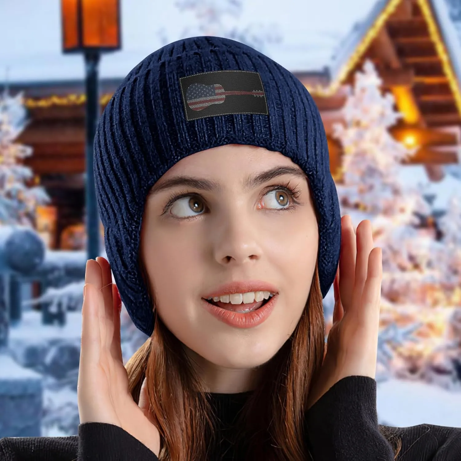 Hearts Guitar Musical Instrument Stocking Caps Beanie Knit Hat with Earflaps for Men immediate seepage alkali Women America Flag 