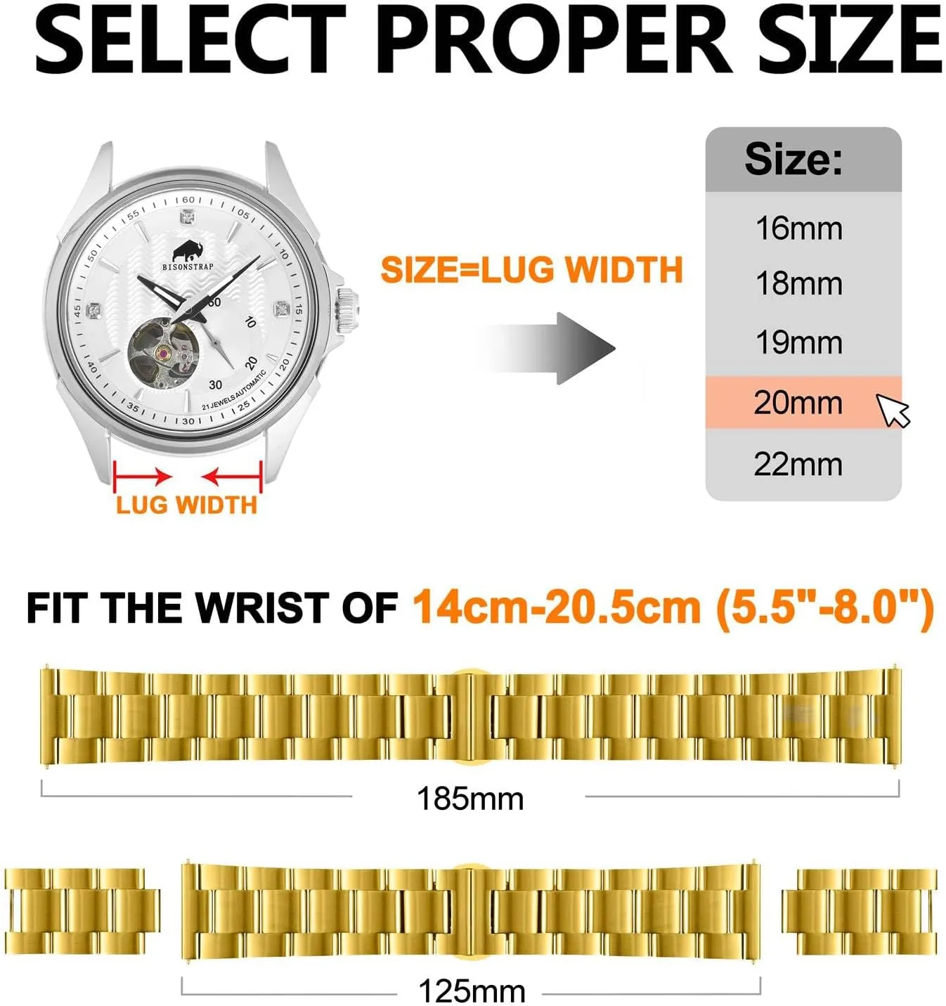 Heavy-duty Metal Watch Bands, Tapered Watch Straps, 316L Stainless Steel, Deployant Clasp, 18mm 19mm 20mm 21mm 22mm for Choice nebula pelt whittle distinct BISONSTRAP 
