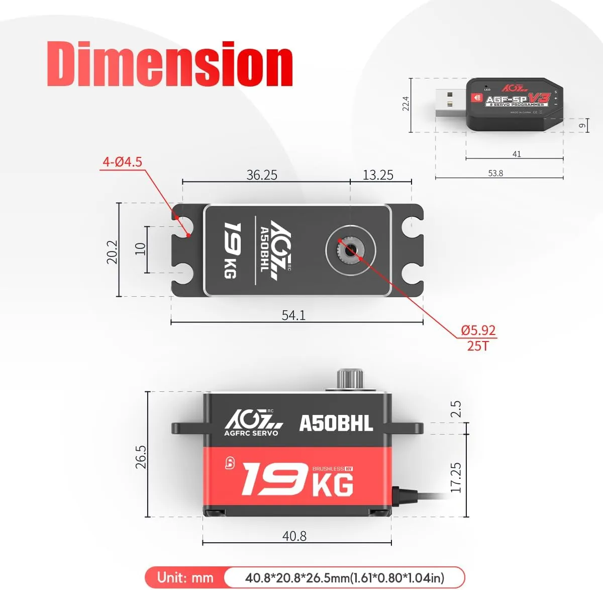 High-Torque Low-Profile Digital-Servo - 0.073s High Speed$ Full Metal Gear$ Brushless Motor$ Programmable RC Servo Motor for 1/10 RC Cars$ Robots (A50BHL&AGF-SPV3) AGFRC inherent 19KG 