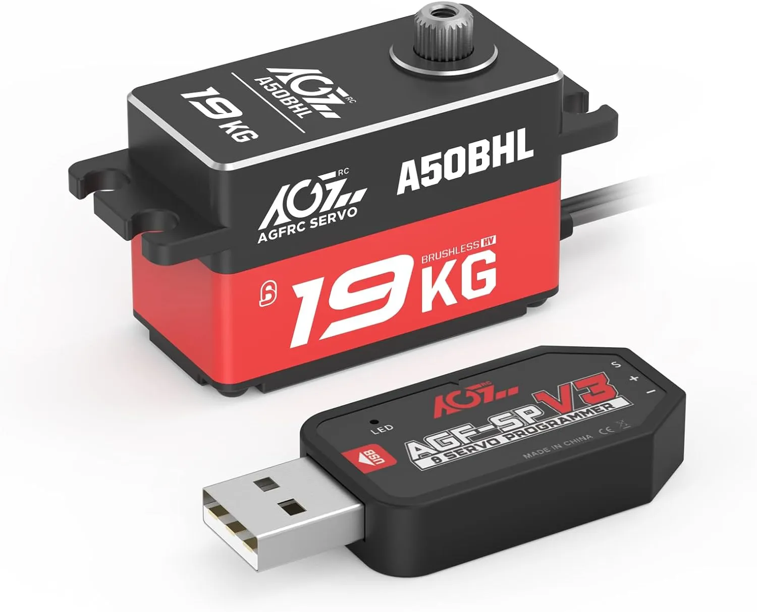 High-Torque Low-Profile Digital-Servo - 0.073s High Speed$ Full Metal Gear$ Brushless Motor$ Programmable RC Servo Motor for 1/10 RC Cars$ Robots (A50BHL&AGF-SPV3) AGFRC inherent 19KG 