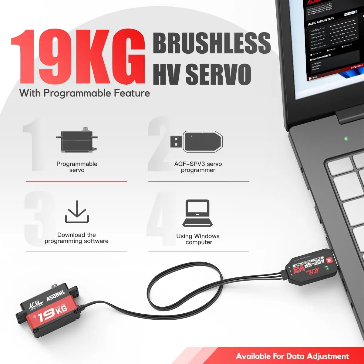 High-Torque Low-Profile Digital-Servo - 0.073s High Speed$ Full Metal Gear$ Brushless Motor$ Programmable RC Servo Motor for 1/10 RC Cars$ Robots (A50BHL&AGF-SPV3) AGFRC inherent 19KG 