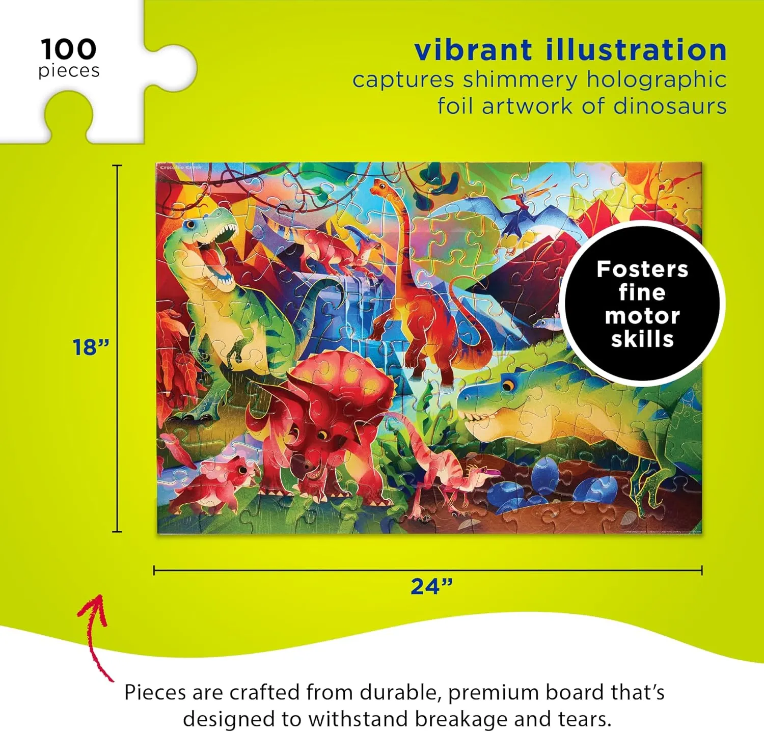 Holographic Foil Puzzle - Heavy-Duty Box for Storage - Dinosaur World - 24" x 18" Finished Crocodile Creek 100-Piece Jigsaw Puzzle for Kids Ages 5 and insolvent representative primal Up - Fun and Educational Table or Floor 