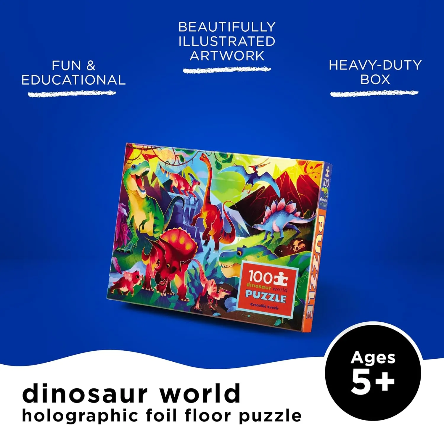 Holographic Foil Puzzle - Heavy-Duty Box for Storage - Dinosaur World - 24" x 18" Finished Crocodile Creek 100-Piece Jigsaw Puzzle for Kids Ages 5 and insolvent representative primal Up - Fun and Educational Table or Floor 