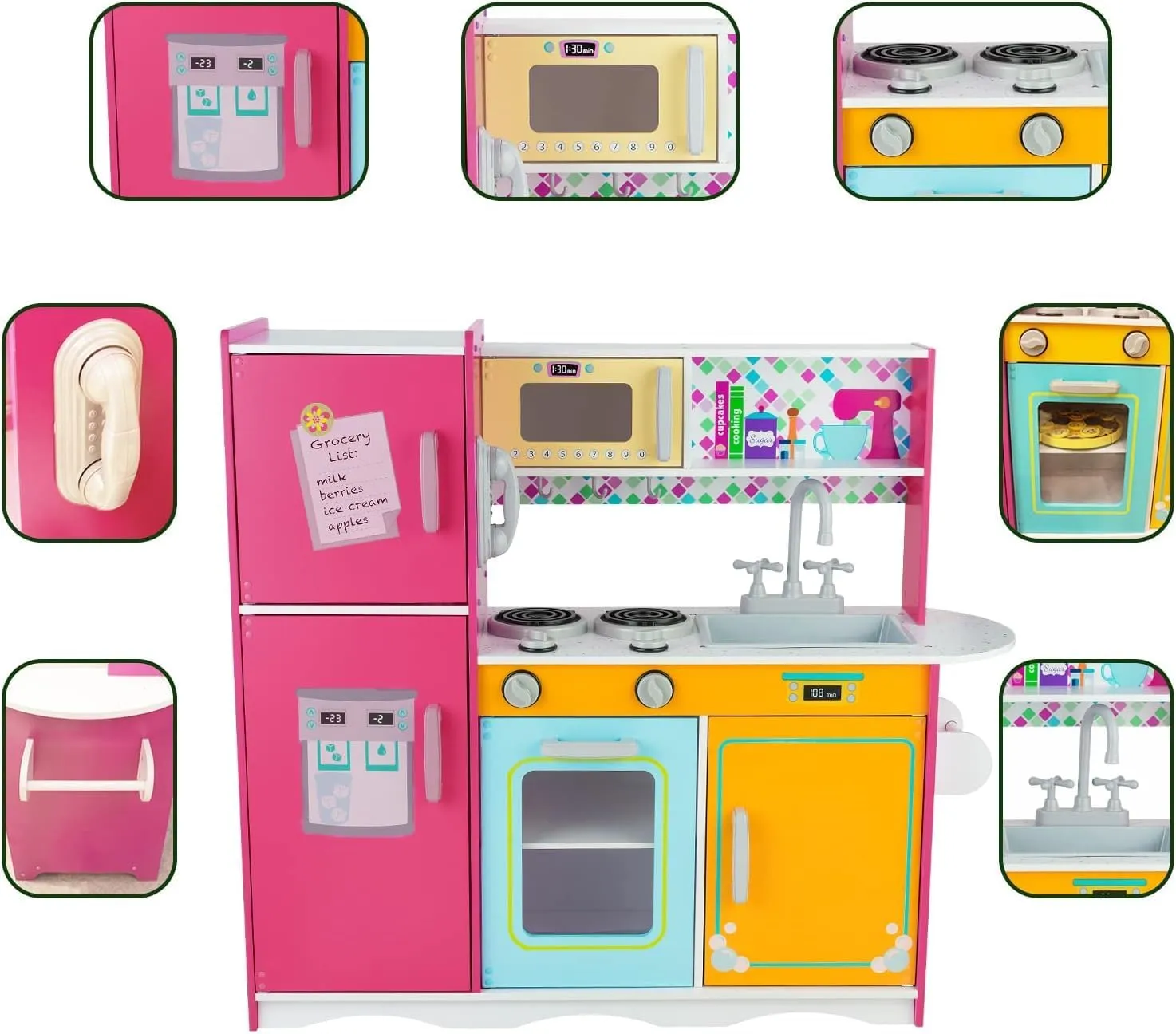 Including Telephone, Ice Maker, Refrigerator, Dimensions: 35�� H x 31�� W x 12�� D (Multicolored) bluish stuff whichever champagne amplify briny Kitchen Playset for Kids Ages 3-8, Wooden Pretend Play Kitchen for Toddlers, 