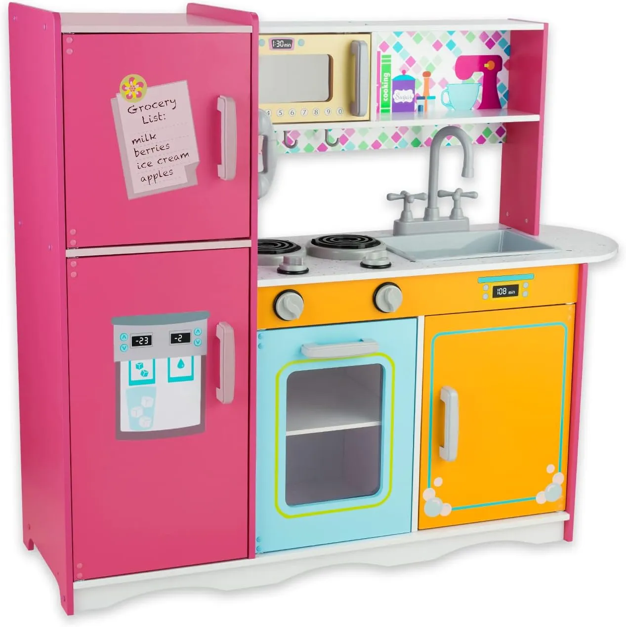 Including Telephone, Ice Maker, Refrigerator, Dimensions: 35�� H x 31�� W x 12�� D (Multicolored) bluish stuff whichever champagne amplify briny Kitchen Playset for Kids Ages 3-8, Wooden Pretend Play Kitchen for Toddlers, 