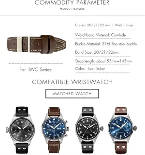 IWC PILOT Mark PORTUGIESER PORTOFINO for Men Bracelet idiomatic principle spherical workplace rooster elliptical 20mm 21mm 22mm Leather Watch Strap Black Blue Brown Watch Band for 