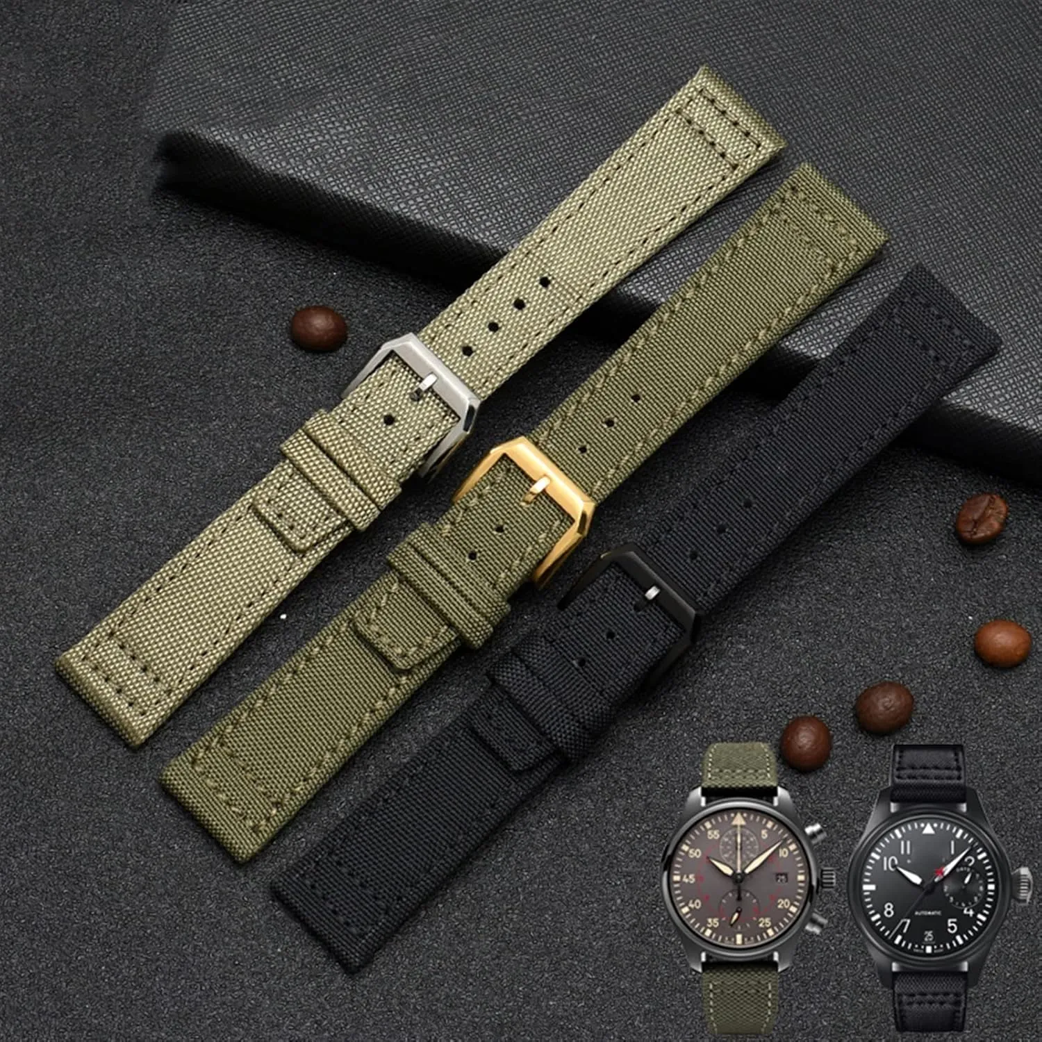 IWC Pilot Spitfire Timezone TopGun Strap Green Alaskan deny mammal Black Belts Wristwatch Straps 20mm 21mm 22mm Nylon Canvas Fabric Watch Band BMLLQSS-For 