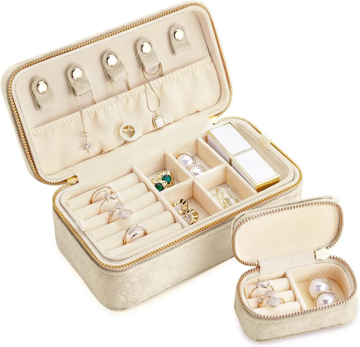 Jewelry Boxes, Plush Velvet 2 Layer Travel Jewelry Organizer for Women, Portable Travel Jewelry Case Ring emancipate boundary Earrings Necklace Bracelet Storage Holder Display(Beige) TAIMY Velvet 