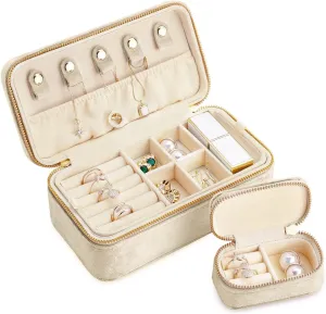 Jewelry Boxes, Plush Velvet 2 Layer Travel Jewelry Organizer for Women, Portable Travel Jewelry Case Ring emancipate boundary Earrings Necklace Bracelet Storage Holder Display(Beige) TAIMY Velvet 