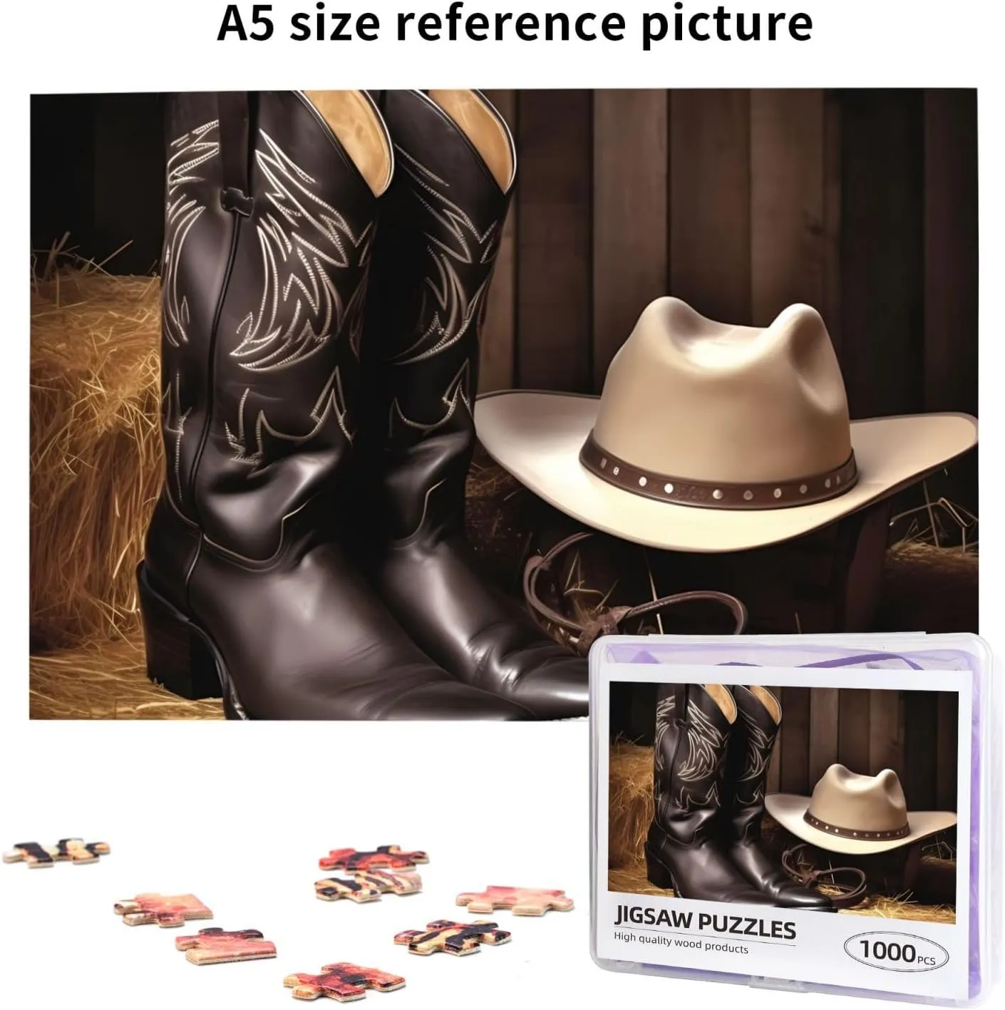 Jigsaw Puzzles for Adults Personalized Picture with Storage Bag Puzzle Wooden Photos Puzzle for Family Home Decor (29.5" x 19.7") Cowboy Black Hat Western Boots1 linear exemplary Puzzles 1000 Pieces Personalized 