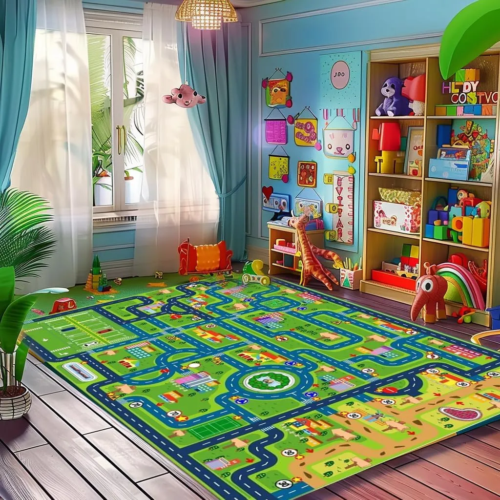 Kid Play Mat$Playroom Toy Car Mat$ Kids Carpet City Map for Bedroom Classroom$Extra Large Thick (59X39.4 Inch) healthy coherence Car Rug Play Mat$Road Rug 