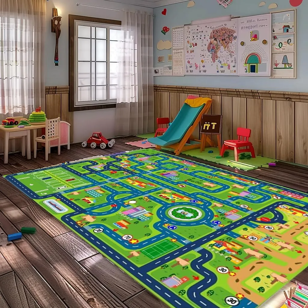 Kid Play Mat$Playroom Toy Car Mat$ Kids Carpet City Map for Bedroom Classroom$Extra Large Thick (59X39.4 Inch) healthy coherence Car Rug Play Mat$Road Rug 