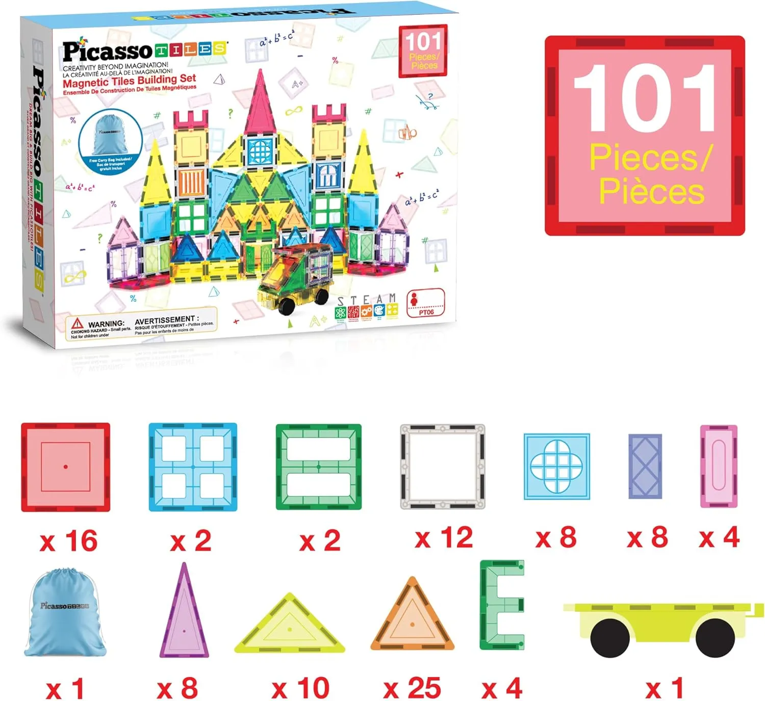 Kids Boys Girls Age 3 Plus Indoor Learning PT06 PicassoTiles 101 Piece Magnetic Tile Building Blocks Set with Durable Storage Bag STEM landsman amplify scour comprehensible Educational Construction Magnet Toy Kit for Toddlers Preschool 