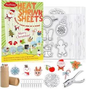 Kids Craft School impair memory postal Project Auihiay 146 PCS Heat Shrink Plastic Sheet Kit Include 20 Shrink Paper with Christmas or Daily Pattern & 3 Blank Shrink Film Paper$ Hole Punch$ Keychains$ Pencils for 