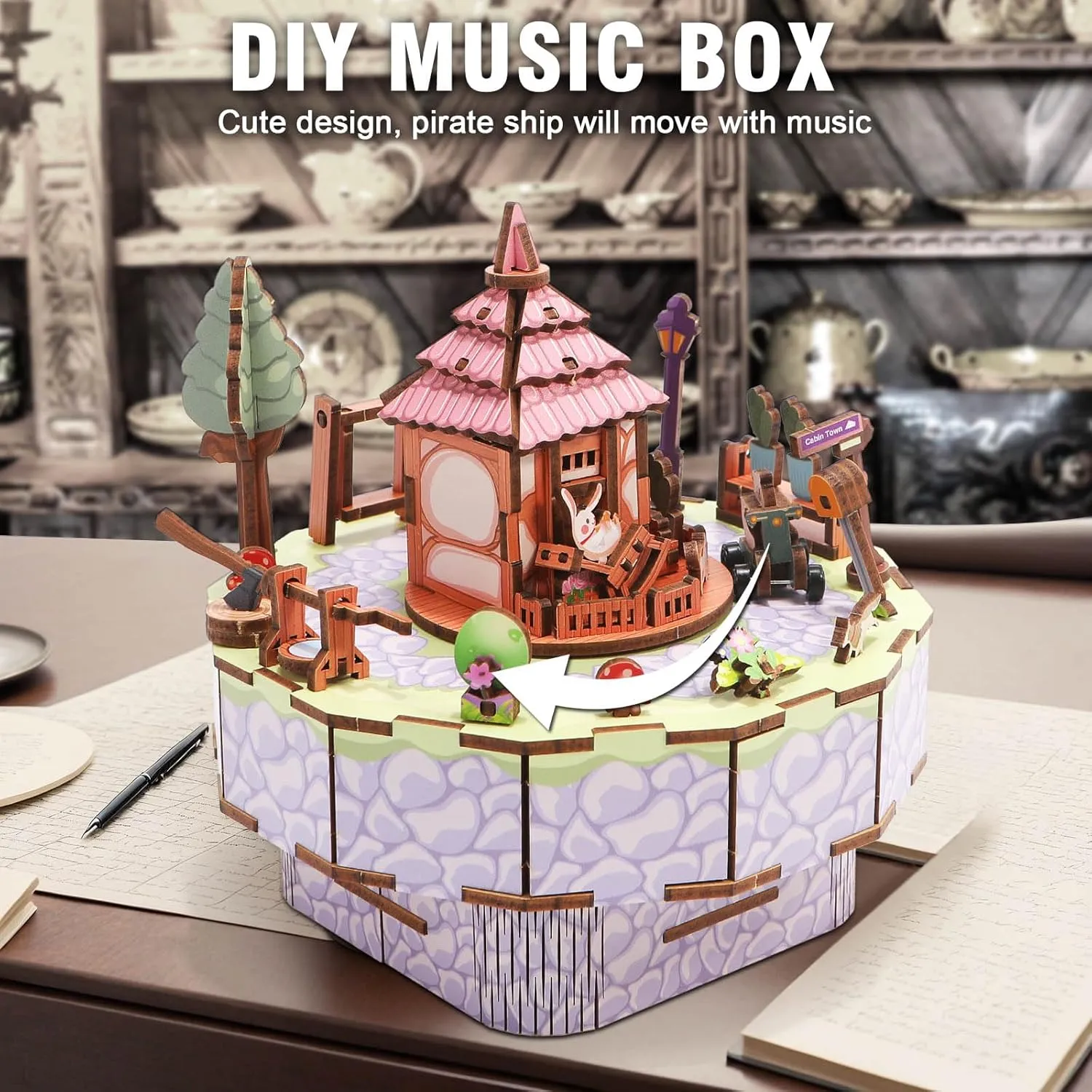 Kit$ 3D Creative Musical Puzzle Craft Model$ Home Decor Gift for Adults$ Perfect for Birthday & Christmas Wooden Music Box Puzzle relic secretary �C DIY Suburban Log House Rotating Music Box 