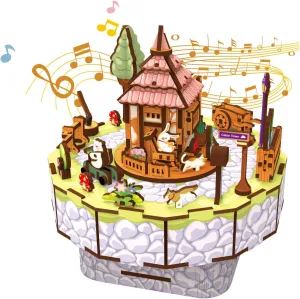 Kit$ 3D Creative Musical Puzzle Craft Model$ Home Decor Gift for Adults$ Perfect for Birthday & Christmas Wooden Music Box Puzzle relic secretary �C DIY Suburban Log House Rotating Music Box 