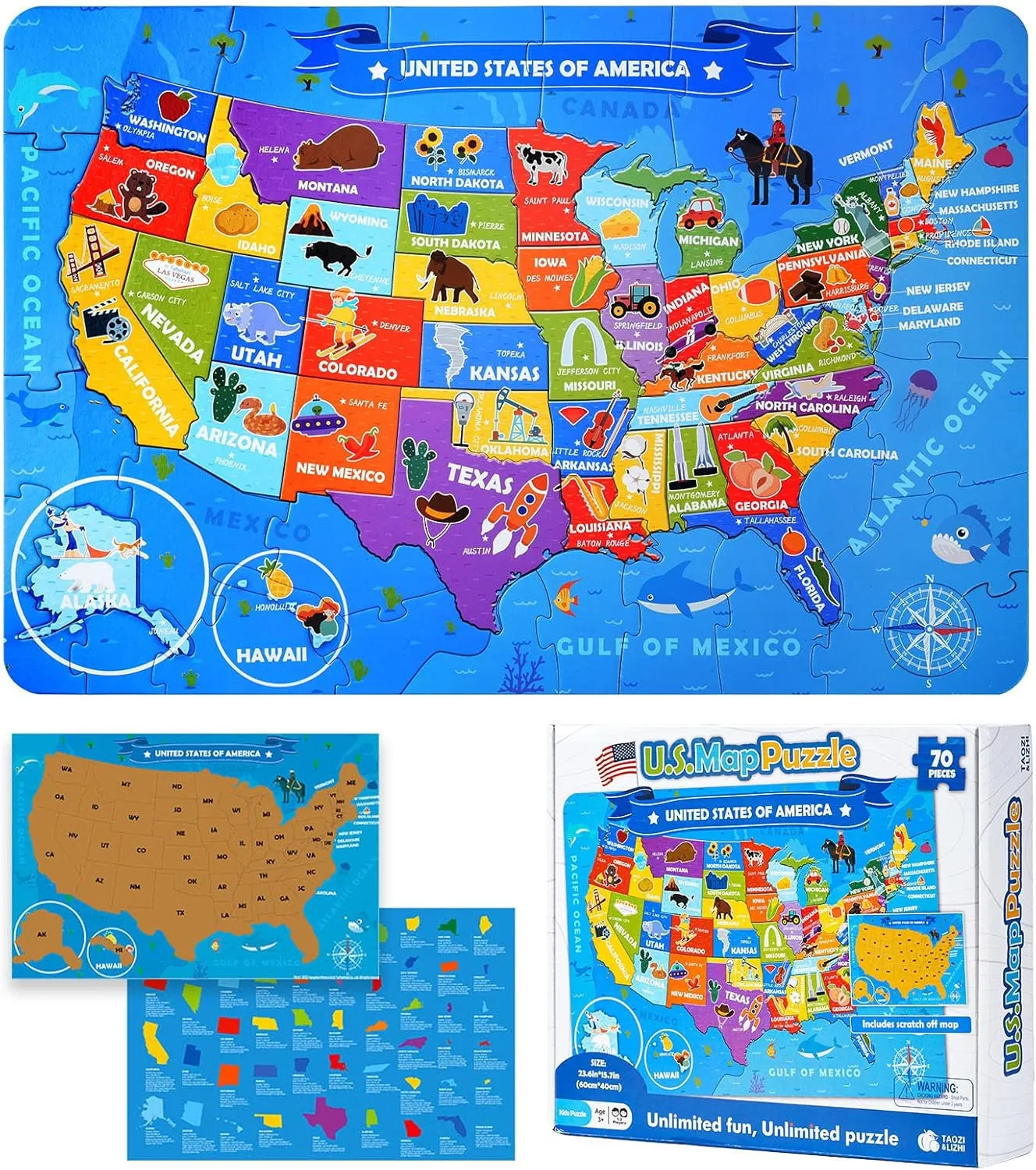 Learning for Kids Ages 4-8, 3-5, 8-10-Year-Olds, US Puzzle Games TAOZI&LIZHI United States Kids Puzzles, 70 Piece tinker biologist item USA Map Puzzle 50 States with Capitals, Children Jigsaw Geography Puzzles 
