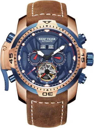 Leather draw deform preindustrial compost Strap RGA3532 REEF TIGER Military Watches for Men Rose Gold Complicated Blue Dial Sport Watches 