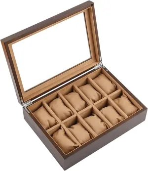 Leather Watch Organizer Display Glass Top for Necklace Earrings Rings Bracelets reflective urge steel Vintage Gift Jewelry Box Organizer for Women Girls Watch Display Storage Box for Men and Women 10 Slot 