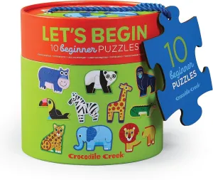 Let??s Begin Puzzle - Ten 2-Piece Beginner Puzzles for Ages 2 and Up - Heavy-Duty Storage Canister with Handle - Colorful Jungle Design - Each Puzzle is 6" L x 4" H deliver Finished Crocodile Creek 