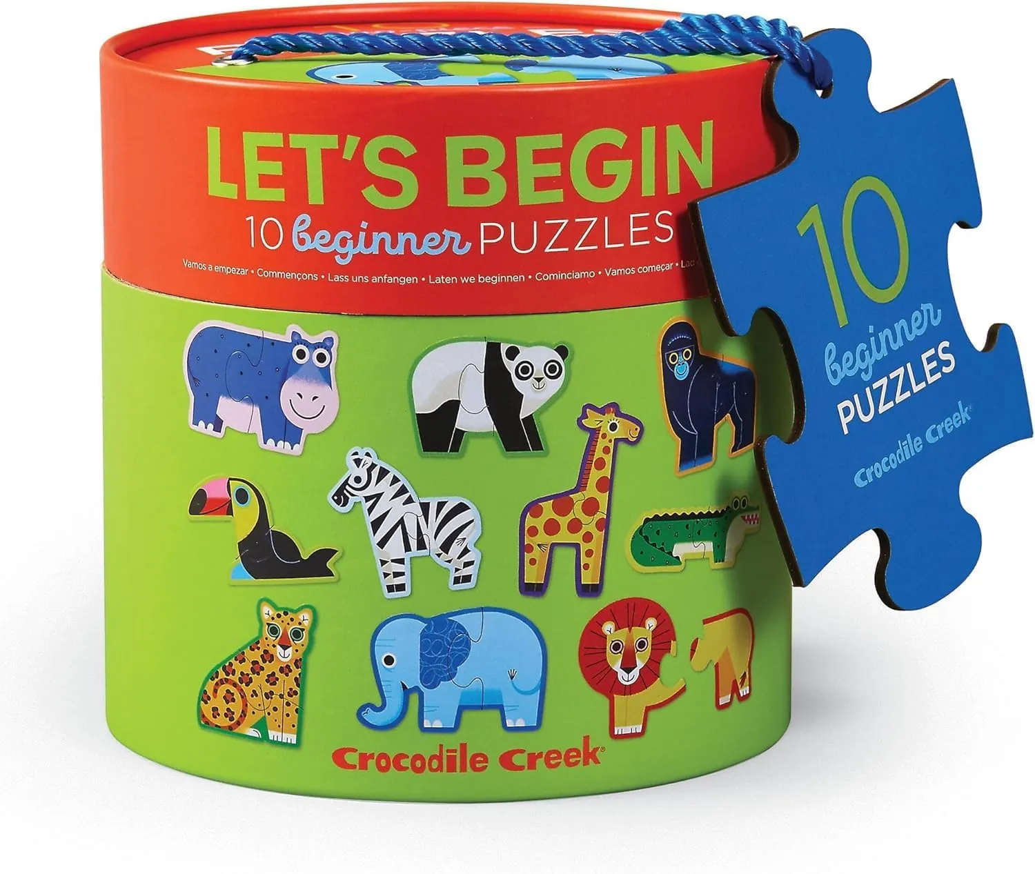 Let??s Begin Puzzle - Ten 2-Piece Beginner Puzzles for Ages 2 and Up - Heavy-Duty Storage Canister with Handle - Colorful Jungle Design - Each Puzzle is 6" L x 4" H deliver Finished Crocodile Creek 