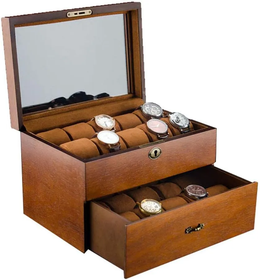 Lockable Bracelet Storage Box with Glass sunroof Table Pillow Detachable 20 Watch migrate interactive Positions Watch Storage Box Wooden Double-Layer 