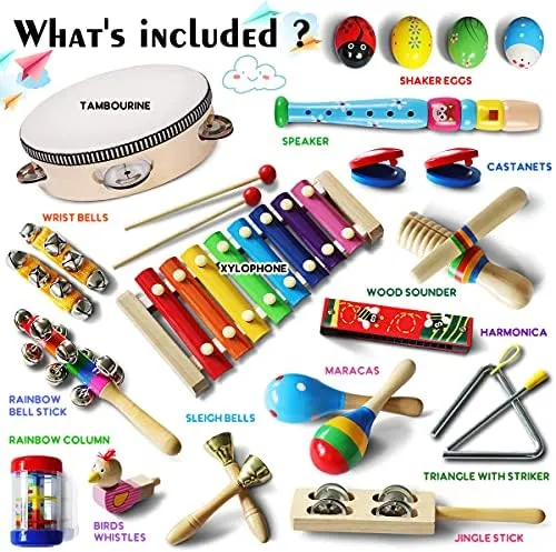 LOOIKOOS Toddler Musical Instruments,Wooden Percussion Instruments Toy for Kids Baby Preschool Educational Musical Toys Set for Boys and Girls with Storage Bag
