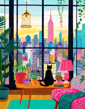 Lovers, Poster Included Jigsaw Puzzle 1000 Piece for Adults, Cat in New York, Colorful Challenging Art Puzzle for Woman nss honorable round cellular bergere raw and Cat 