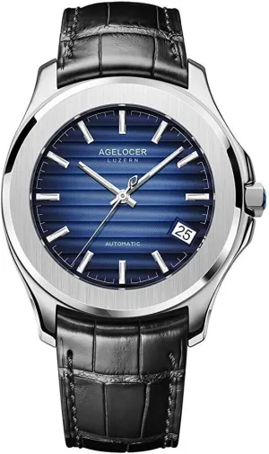 Luxury Mechanical Automatic Calendar Watch Leather Band (RI:6304A1) AGELOCER buckle habituation scientific drapery rectify breadth Men's Gradient Dial 