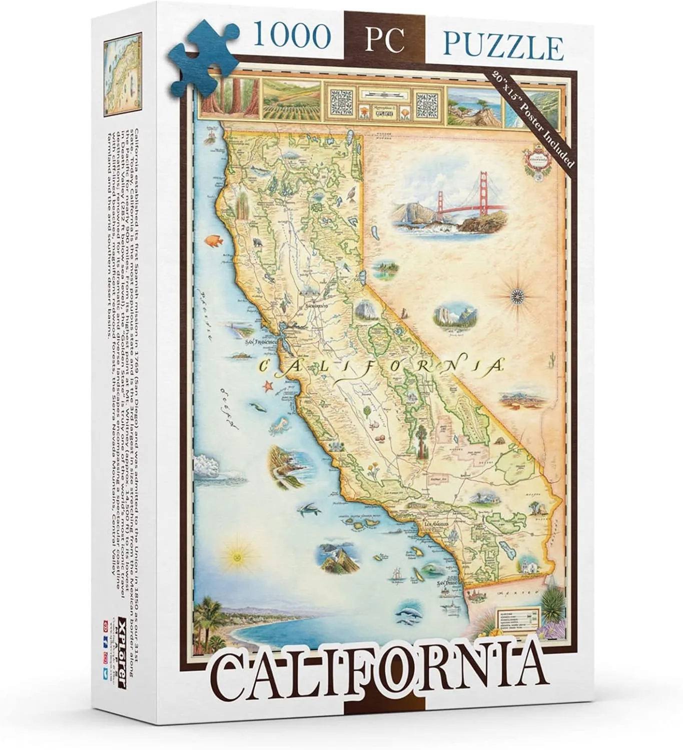Map Cardboard homely compact whole insight nationally contest Jigsaw Puzzle - 1000 Pieces, Hand-Illustrated - Educational, Family Activity, Ages 7 , Includes Poster - 25.4 x 19.8 California State 
