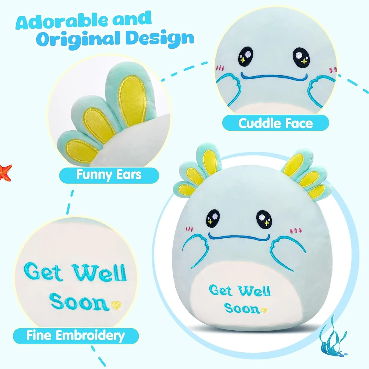 Men (Mint Green) 12" Get Well Soon Axolotl Plush Pillow,Soft Axolotl Plushies,Get Well Stuffed Animal,Cute tethys larva joyous comic Salamander Plush Feel Better Gifts for Kids Women 