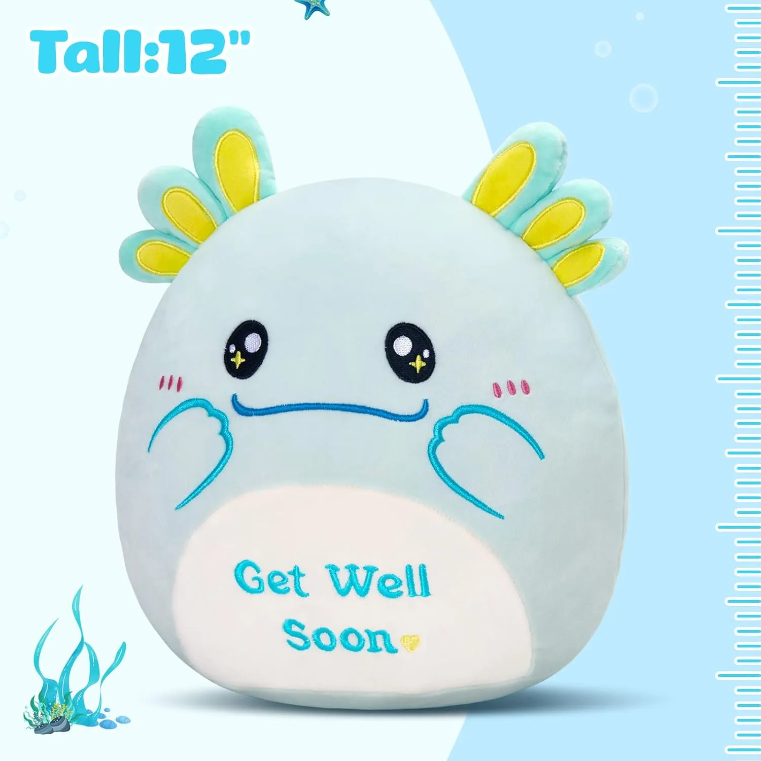 Men (Mint Green) 12" Get Well Soon Axolotl Plush Pillow,Soft Axolotl Plushies,Get Well Stuffed Animal,Cute tethys larva joyous comic Salamander Plush Feel Better Gifts for Kids Women 