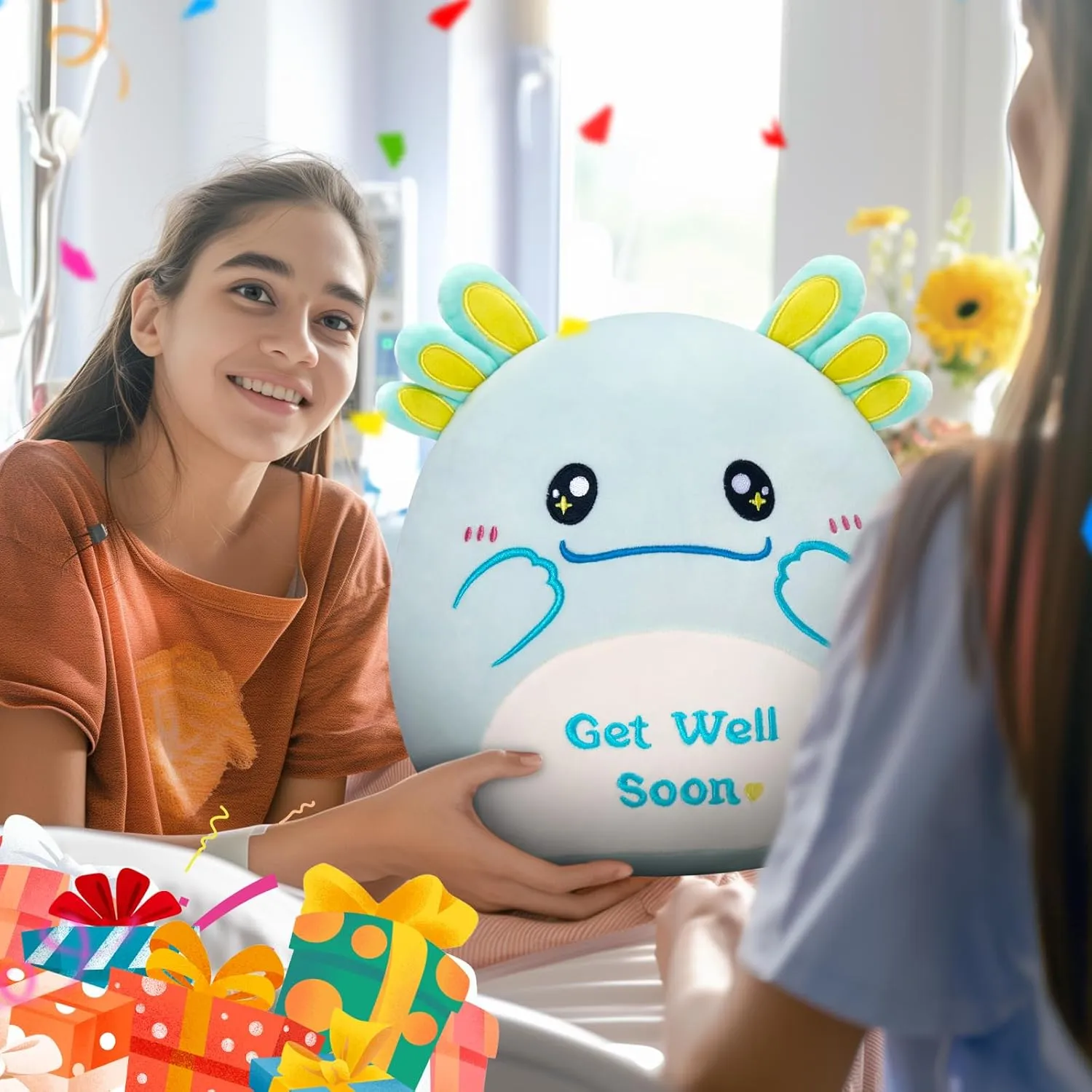Men (Mint Green) 12" Get Well Soon Axolotl Plush Pillow,Soft Axolotl Plushies,Get Well Stuffed Animal,Cute tethys larva joyous comic Salamander Plush Feel Better Gifts for Kids Women 