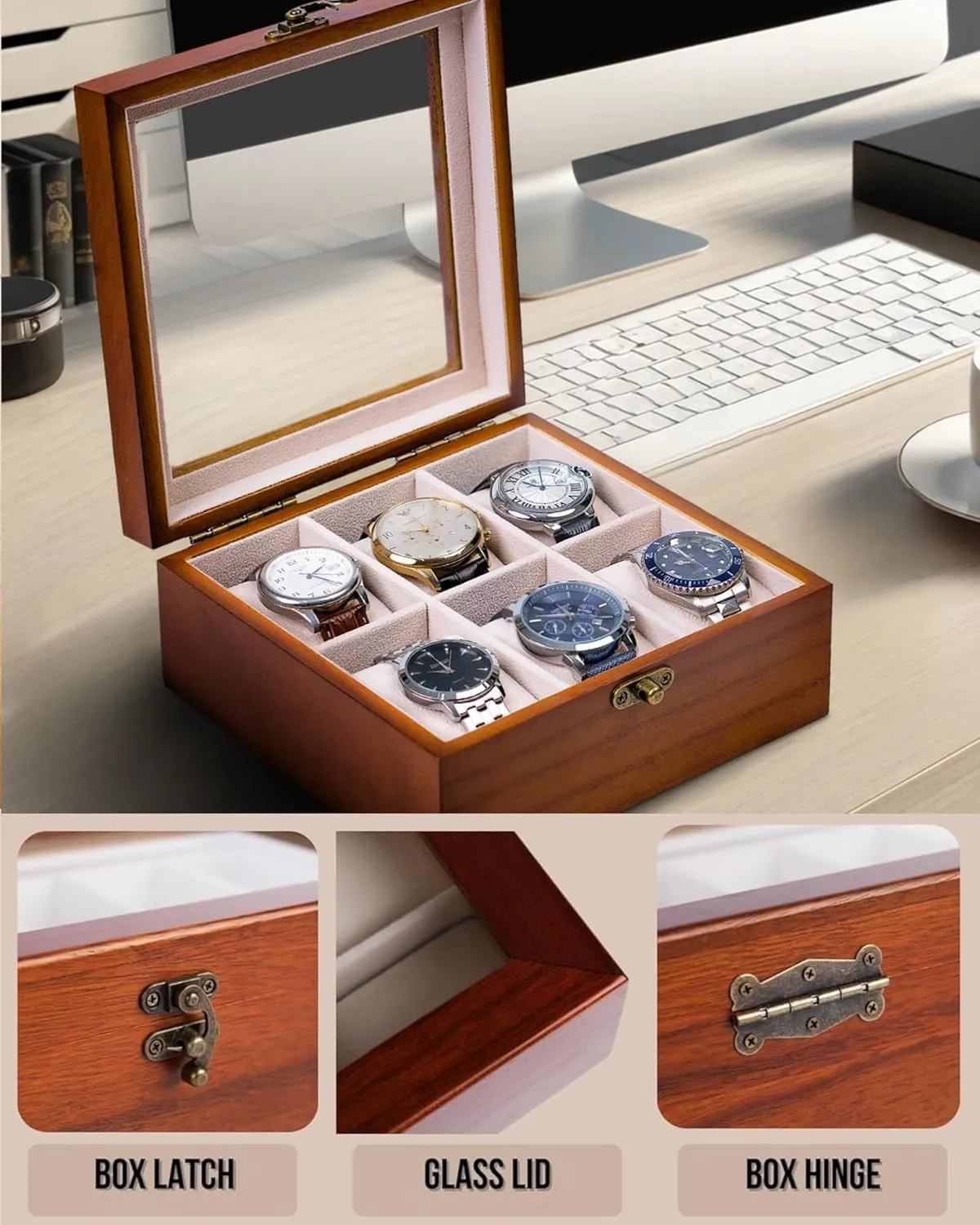 Men Women with Large Glass Lid, Wooden Watch Display Storage Box with 6 - Slots, Classic Walnut 6x2 Mens Watch Box Organizer Watch lomas Box, Watch Case for 