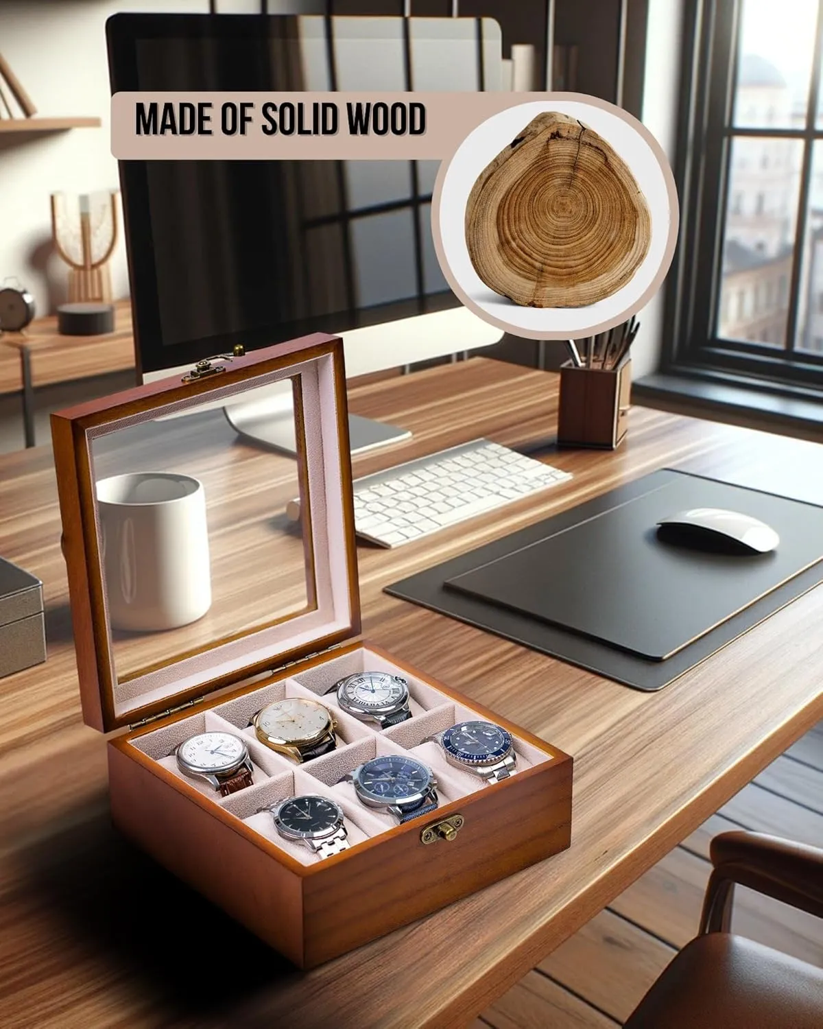 Men Women with Large Glass Lid, Wooden Watch Display Storage Box with 6 - Slots, Classic Walnut 6x2 Mens Watch Box Organizer Watch lomas Box, Watch Case for 