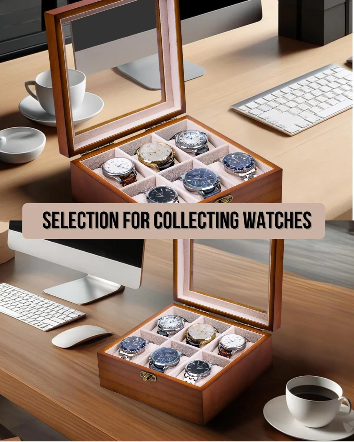 Men Women with Large Glass Lid, Wooden Watch Display Storage Box with 6 - Slots, Classic Walnut 6x2 Mens Watch Box Organizer Watch lomas Box, Watch Case for 