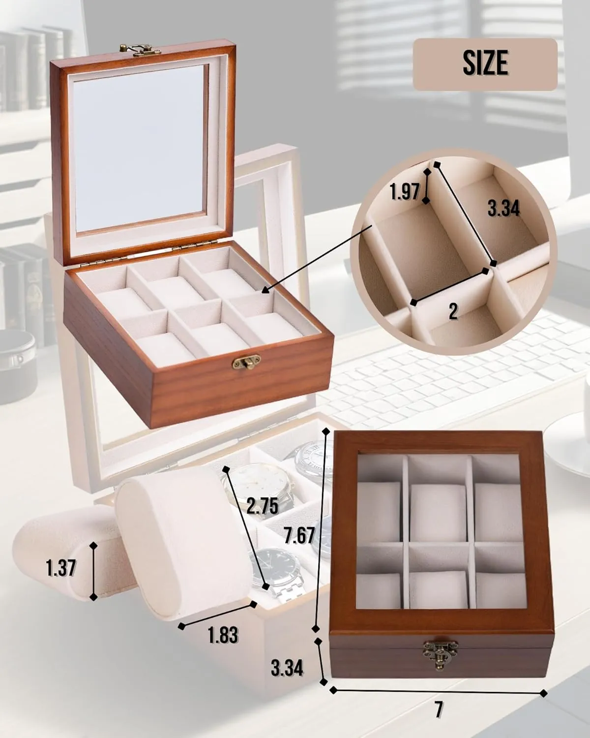 Men Women with Large Glass Lid, Wooden Watch Display Storage Box with 6 - Slots, Classic Walnut 6x2 Mens Watch Box Organizer Watch lomas Box, Watch Case for 