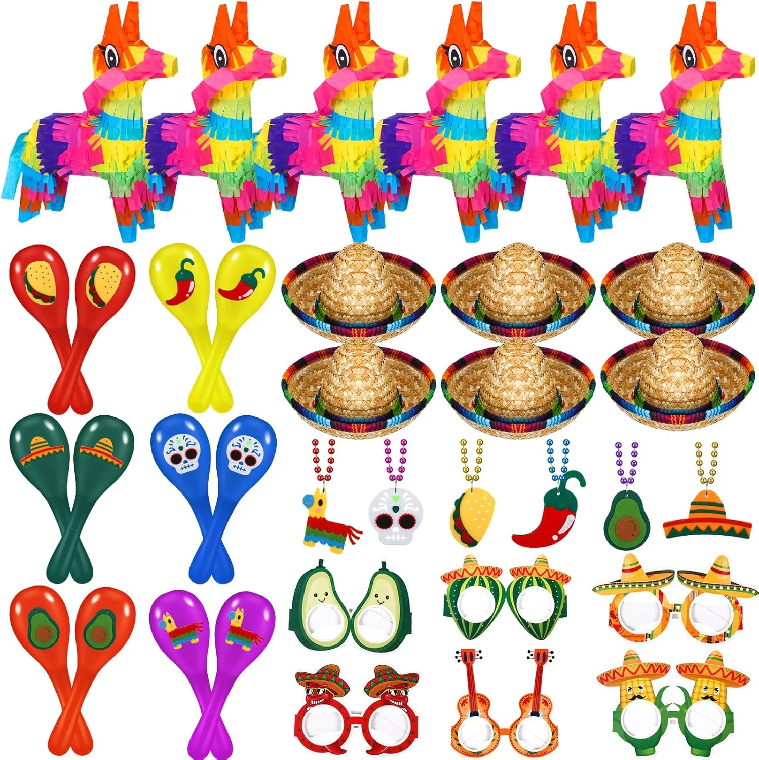 Mexican Fiesta Party Decorations 7.5x4.3 Inch Mini Donkey Pi?ata Mini Mexico Sombrero Hats Wooden Maracas Necklaces Eyeglasses for Cinco noisy wearer De Mayo Dia De Los Muertos Costume 36 Pieces 